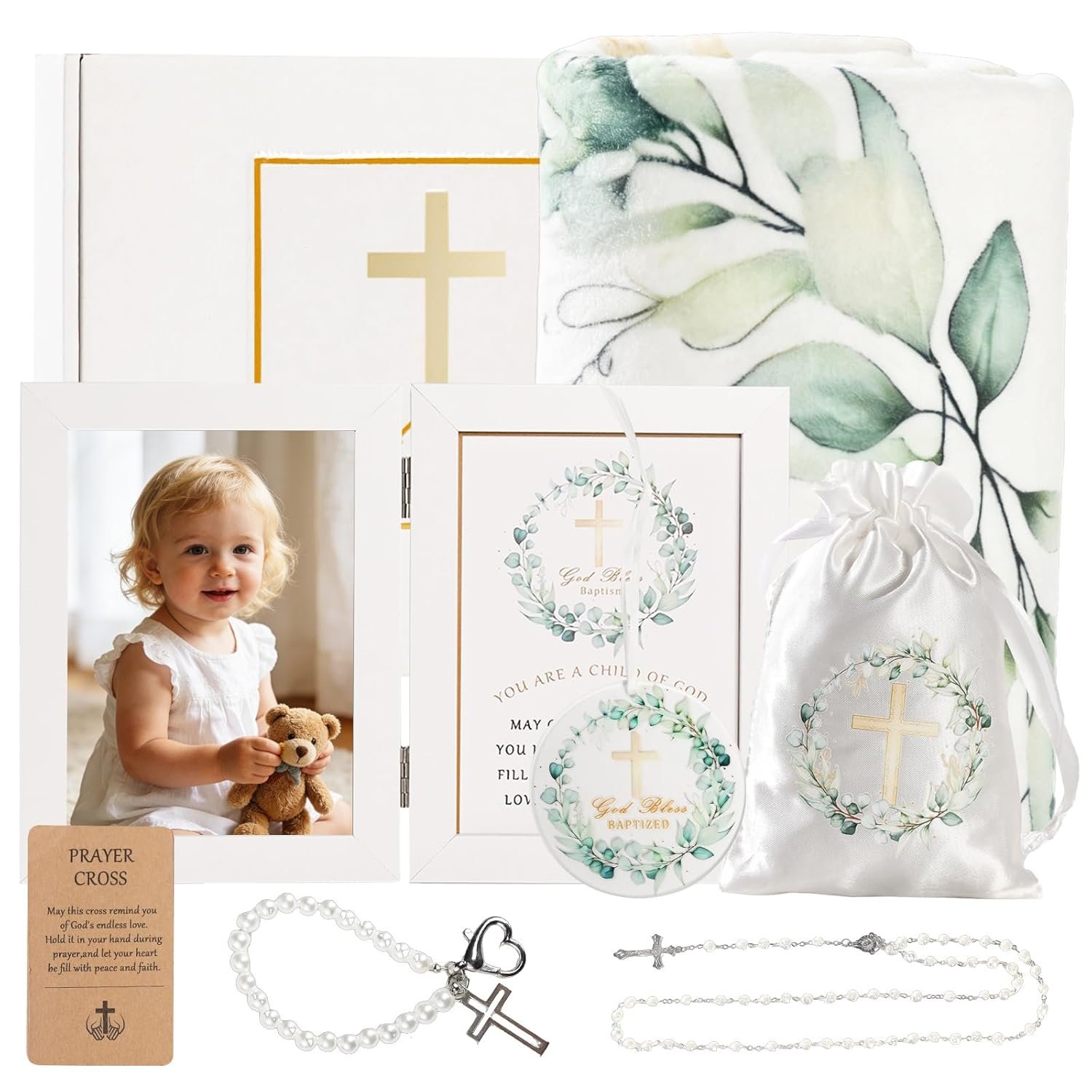 Baptism Gifts for Girl Boys Christening Baby Dedication Set with Baptism Picture Frame God Bless Blanket Bracelet My First Rosary Gift Box Card, First Communion Keepsake