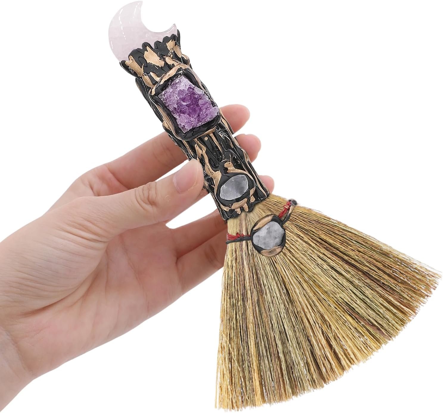 RENEMEGO Rose Quartz Witch Broom – Witchcraft Supplies Mini Witches Broomstick with Amethyst Clusters Altar Supplies with Natural Healing Crystals Wiccan Supplies Meditation Therapy Decor