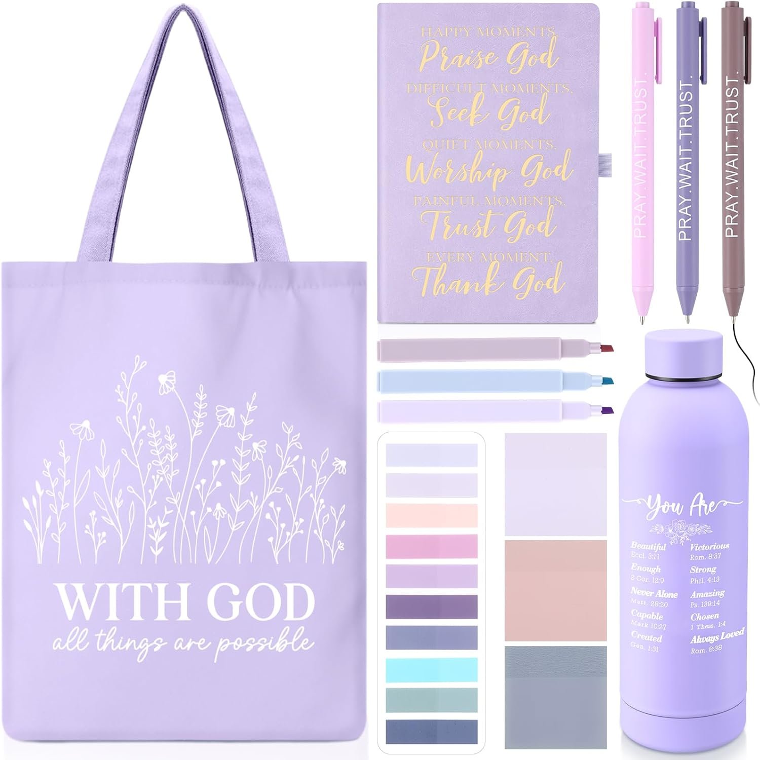 Sayglossy 11 Pcs Christian Gifts for Women Set, Bible Study Journal Kit with Tumbler, Notebook, Highlighter, Bag, Religious Gift Faith Encouragement for Mom Birthday Church Teacher Graduation(Purple)