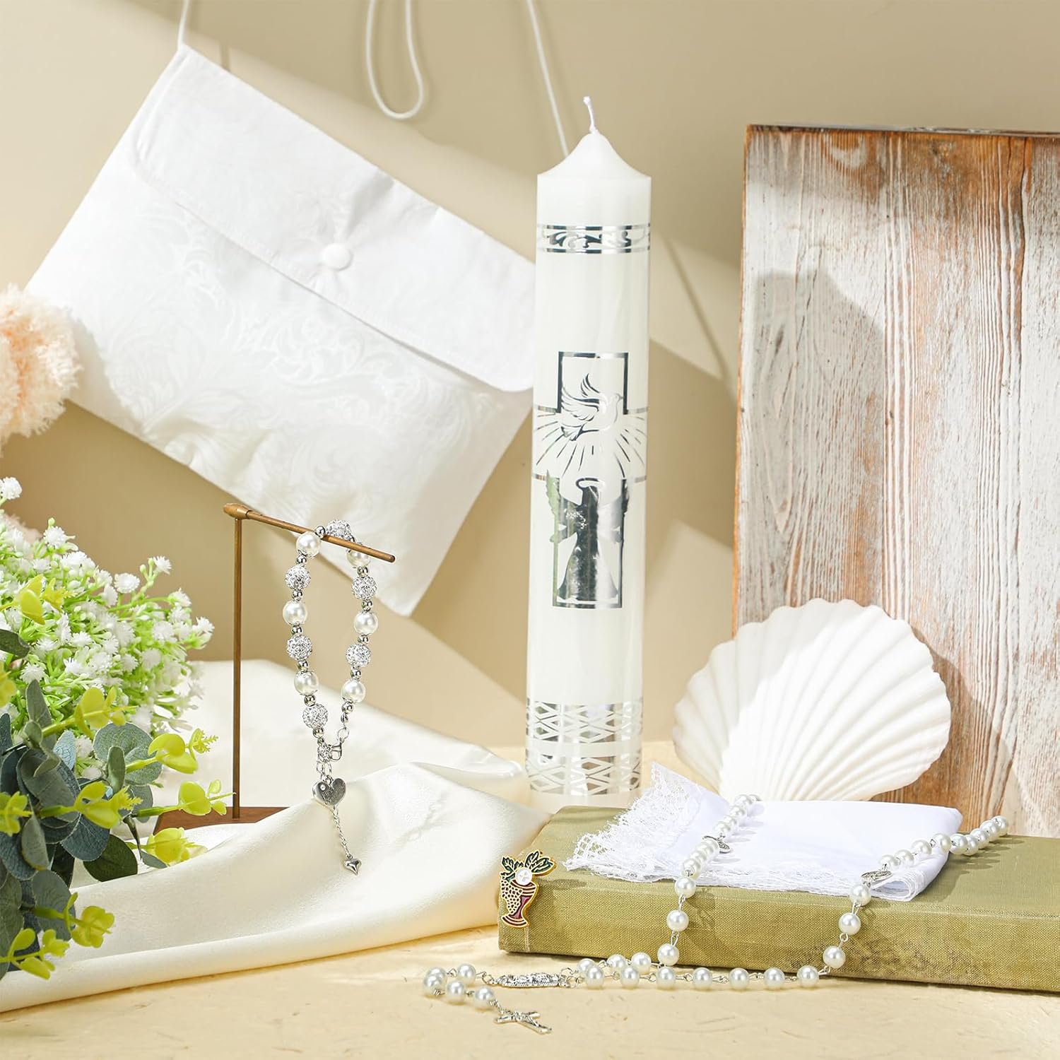 7 Pcs Baptism Candle Set Included Religious Catholic Candle, Towel, Rosary, Bracelet, Medal, Conch and Bag White Baptism Christening Kit Recuerdos De Bautizo para Niña