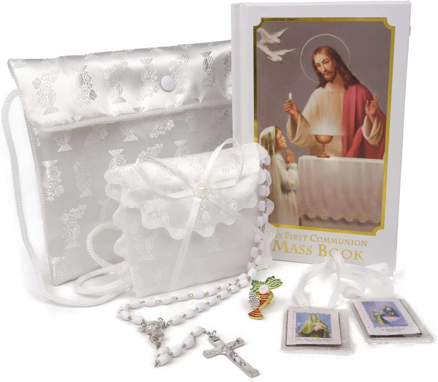 Needzo Light of Christ First Communion Satin Purse Set, Includes Mass Prayer Book, Rosary & Pouch, Scapular, Lapel Pin, Gifts & Keepsakes for Young Women, Communicant Starter Pack (6 Piece)