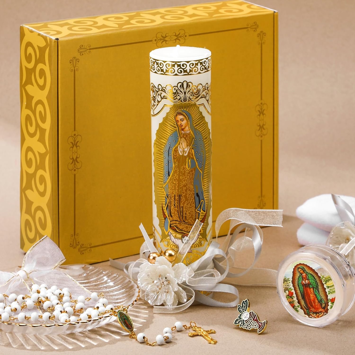Liliful 7 Pcs Baptism Candle Set with Gift Box Veladoras De La Virgen De Guadalupe Velas De Bautizo Comunión De Niña for First Communion Baptismal Party Favors