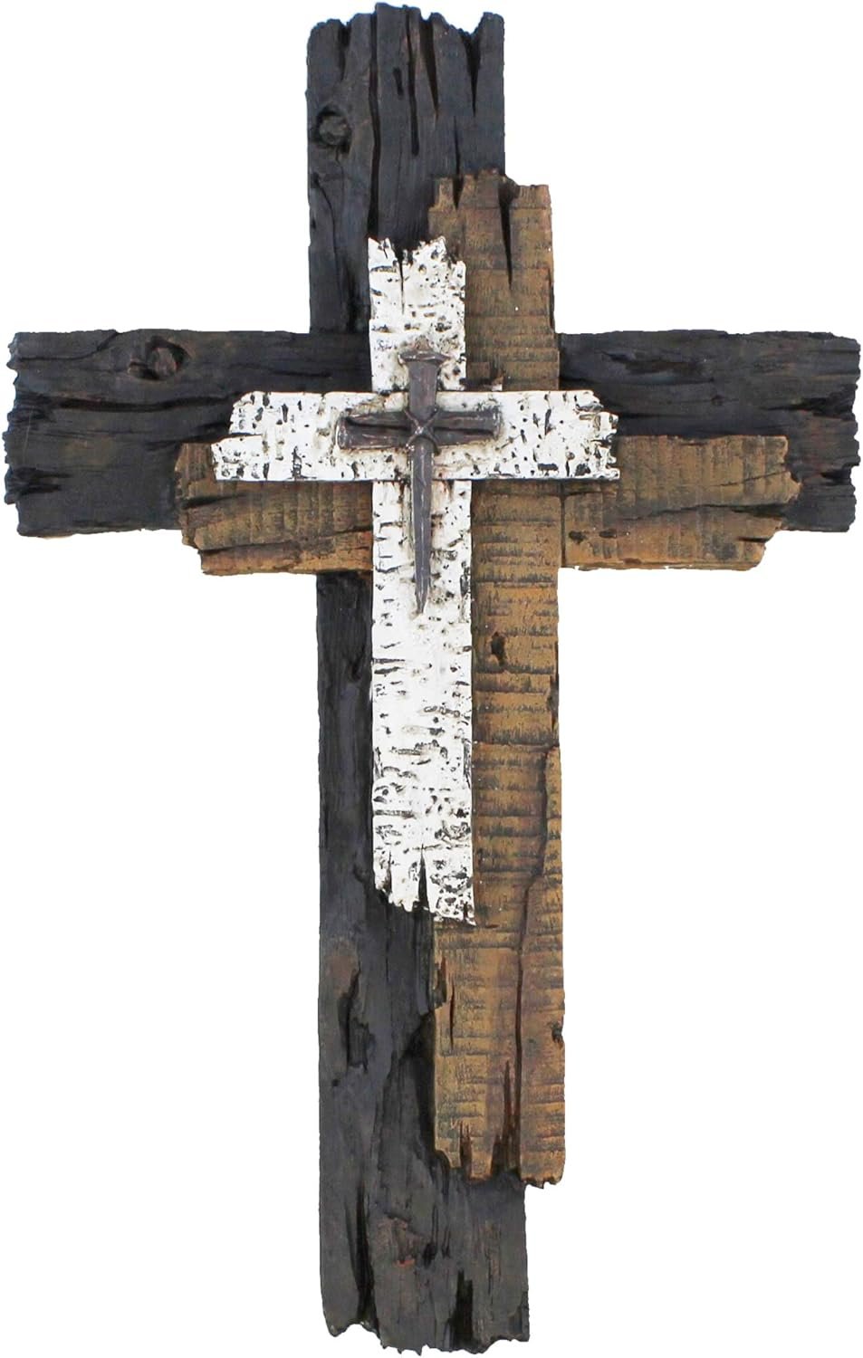 Top Brass Decorative Wall Cross – Rustic Multi Layered Weathered Wood Look Spiritual Art Sculpture