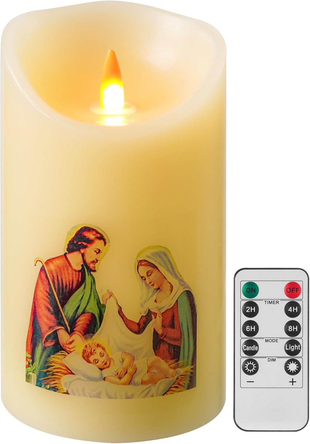 QQFCTOO LED Prayer Flameless Candle with Remote Timer, Battery Powered Candle, Religious Candle, Real Wax, for Home Altar, Church, Devotional ，6″ x 3.2″(Holy Family Statue)