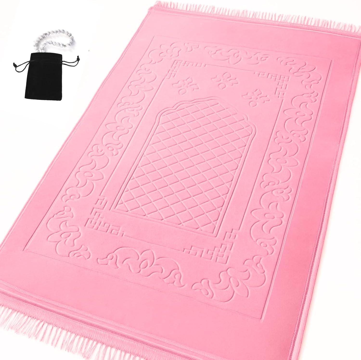 Islamika Prayer Mat Thick Islamic Muslim Rug – Padded mat Sajadah Men Women with Islam Prayer Beads for Eid Travel Ramadan, Soft and Padded (Pink)
