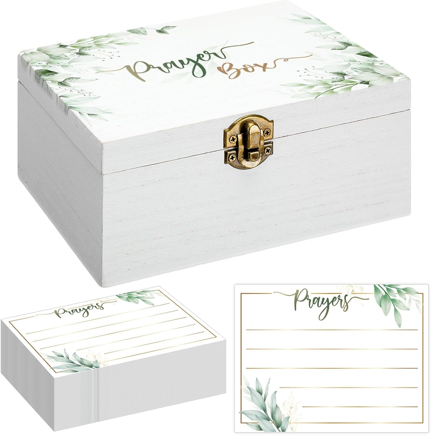 CroBlissful Prayer Box with 100 Pcs Cards to Writes on, 6.8 x 5 x 3 Inches Blank Wooden Prayer Request Cards Box for Women Christian Bible Easter Nativity Gifts(Leaves)