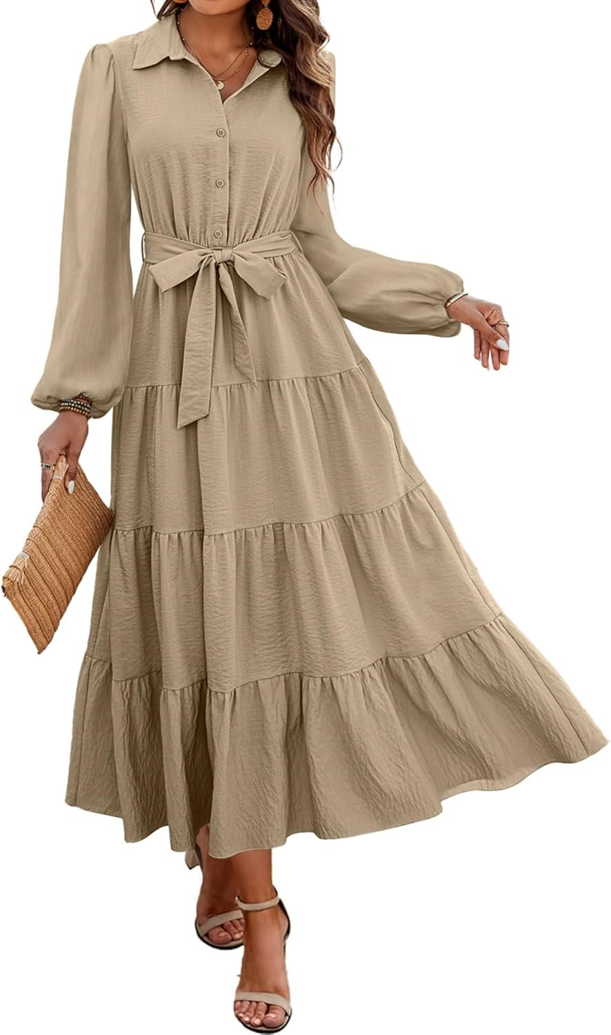 dowerme Women’s Long Sleeve Dress 2026 Button Down Belted A-Line Flowy Spring Outfits Ruffle Maxi Holiday Party Dresses