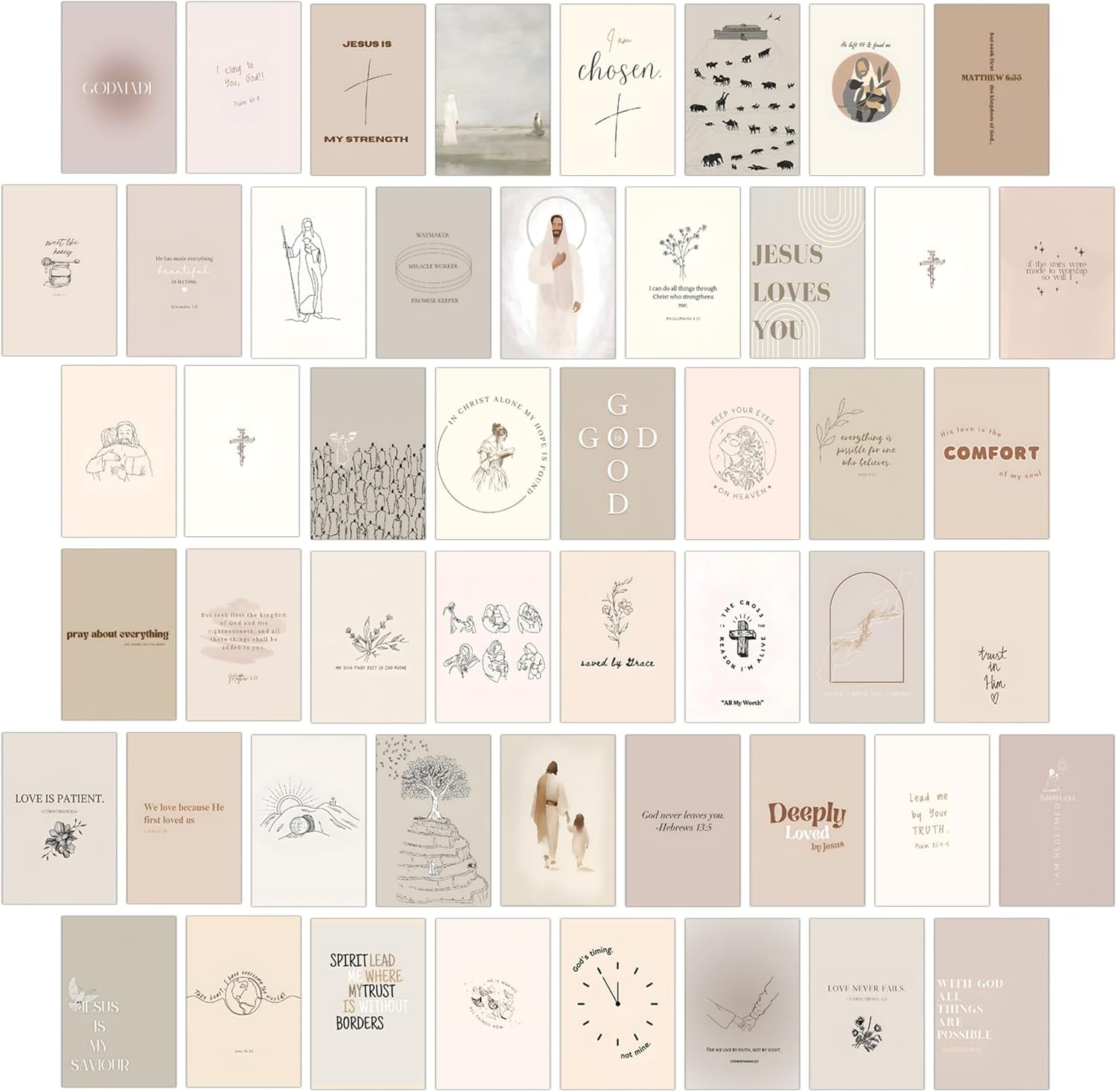 Christian Wall Collage Kit, Neutral Aesthetic Wall Art Prints and Posters, 50 Pcs 4×6 Inch Bible Verse Room Decor, Christian Wall Decor for Bedroom Dorm Office