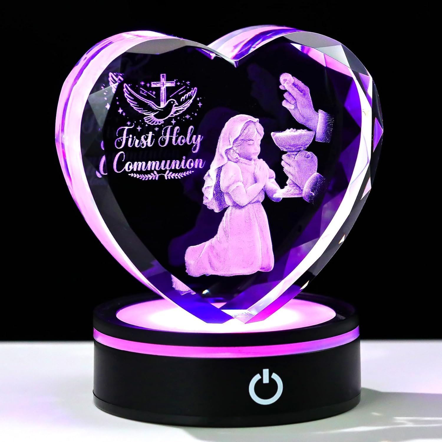 Ornalrist 3D Crystal First Holy Communion Gifts for Girls Her Crystal Heart Laser Engraving Communion Baptism Statue for Women with Colorful Light Base Glass Religious Christian Catholic Decor