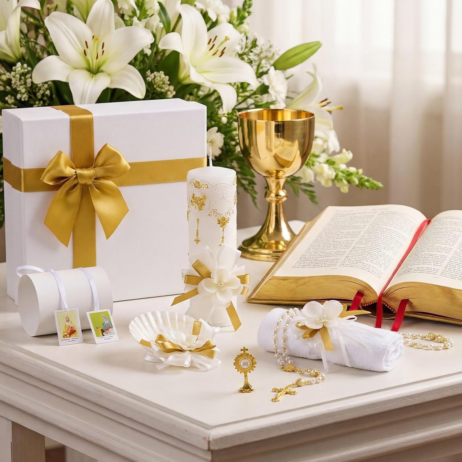Liliful 7 Pcs White Baptism Candle Set Catholic Baptismal Candle Towel Rosary Necklace Shell Pin Pendant Christening Gift for Godparent Guest Favor Decoration First Holy Communion Gift (Fresh,Gold)