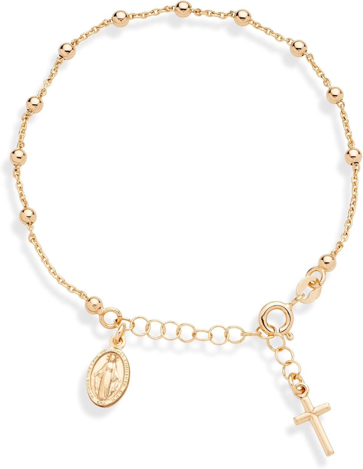 Miabella 18K Gold Plated 925 Sterling Silver Italian Rosary Cross Bead Charm Link Chain Bracelet for Women, Adjustable, Made in Italy