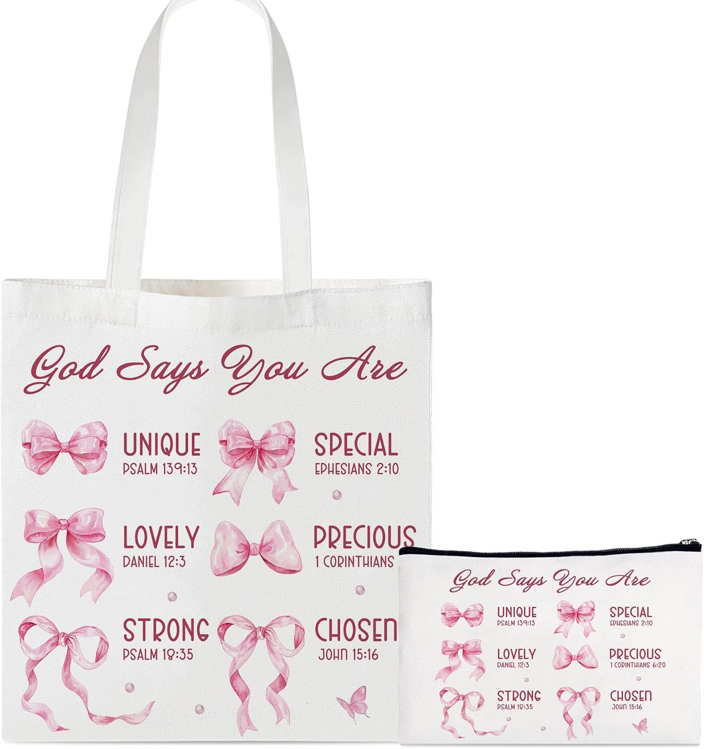 Baptism Gifts for Girl, Gifts for Catholic Women Teenage Girls, Christian Coquette Cute Pink Bow Canvas Bible Tote Makeup Bag Set of 2, Teen Girl Trendy Stuff