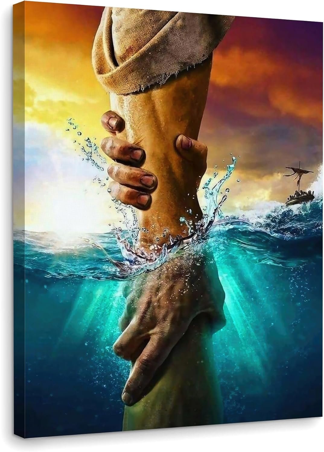Framed Jesus Christ Canvas Wall Art The Hand of God Jesus Reaching Into Water Christian Painting Prints Biblical Wall Decor Religious Room Decor for Church Prayer Room Schools Hospitals 12″ x 16″