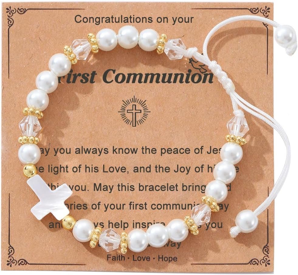Cross Pearl Bracelet, First Communion Gifts, Baptism, Easter Gifts for Teen Girls, Faith Christian Religious Bracelet for Girls