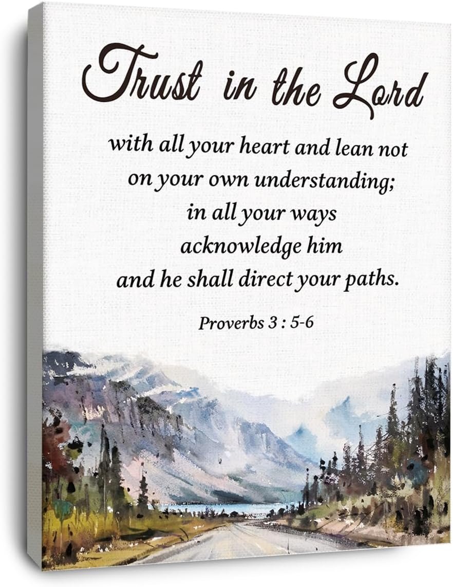 OTINGQD Christian Bible Scripture Proverbs 3:5-6 Trust in the Lord Watercolor Mountain Canvas Wall Art Prints Decoration for Home Bedroom Living Room Church,Christians Gifts,11×14 Inch