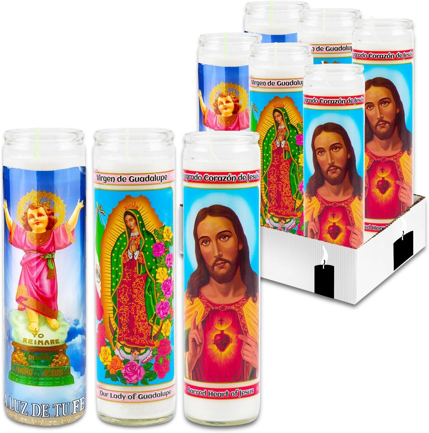 Devotional Candle Set – 6 Candles with Lady of Guadalupe and Jesus Sacred Heart for Vigils, Prayers, Blessing, Religious Ceremonies, More | Unscented