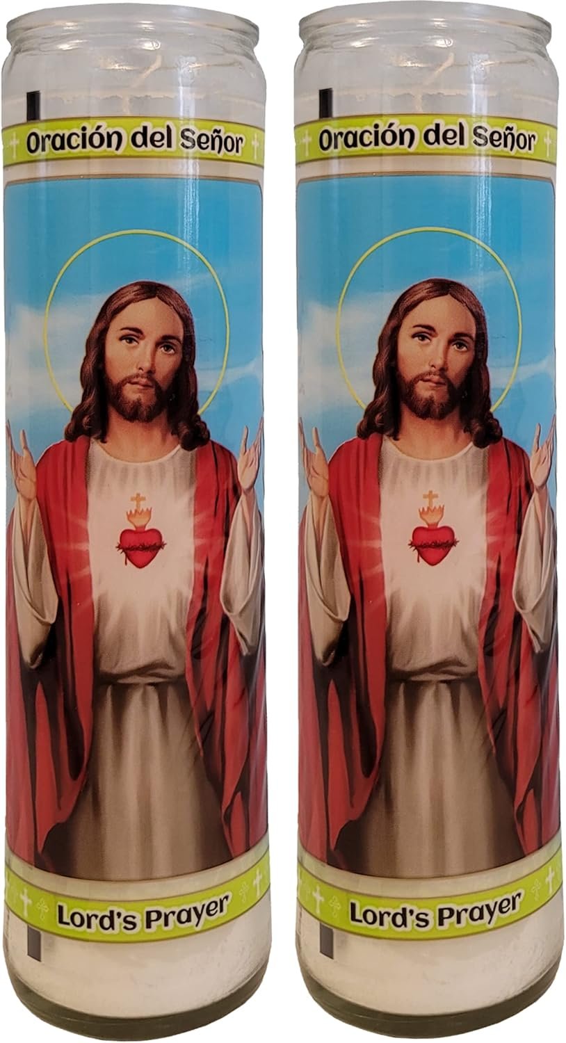 Catholic Prayer Candles – Set of 2 – Lord’s Prayer/Oracion del Senor – Sacred Heart of Jesus Religious Holy Decor Long Glass (Long Burn, Real Wax) for Home, Office and Gifts for Mother
