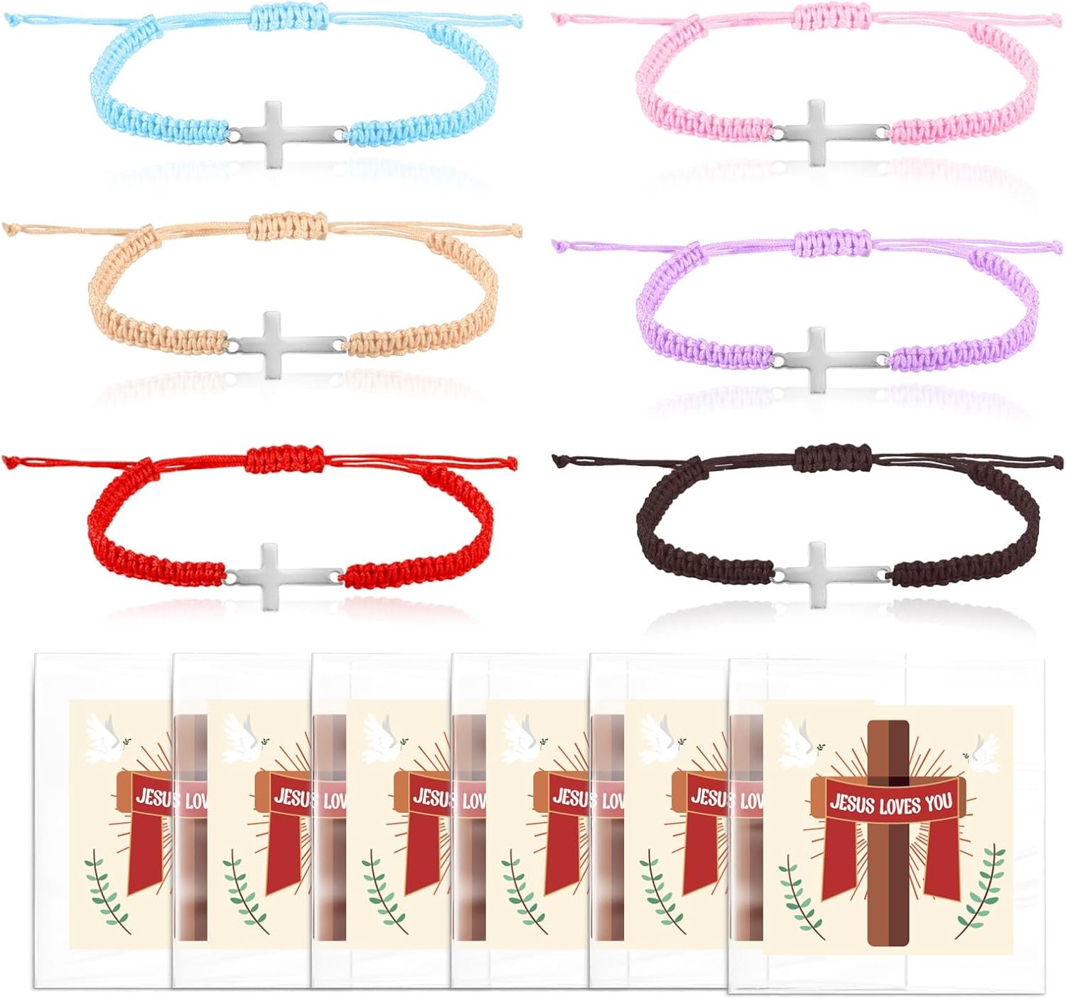 Christian Easter Basket Stuffers Gift, Cross Faith Bracelets Bulk, 6 Pcs Jesus Religious Braided Clay Beaded Bracelets, Elastic Bracelet Jewelry Gift for Christmas,Baptism,Back to School,VBS
