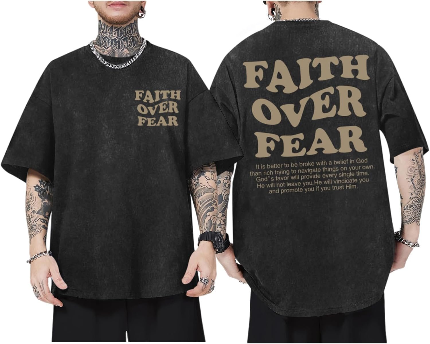 Christian Shirts for Men Faith Over Fear Oversized Shirt Acid Wash Tshirt Graphic Religious T Shirt Bible Verse Tees