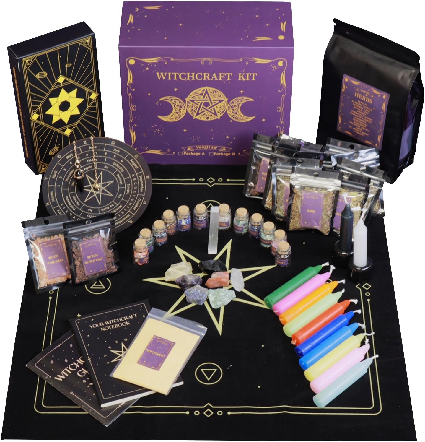 Veogliow Witchcraft Supplies Kit 79 PCS – Witchcraft Supplies Chakra Healing Crystals Potion Bottles and Dried Herbs – Witchy Gifts Kit for Beginners- Witch Altar Spell Set