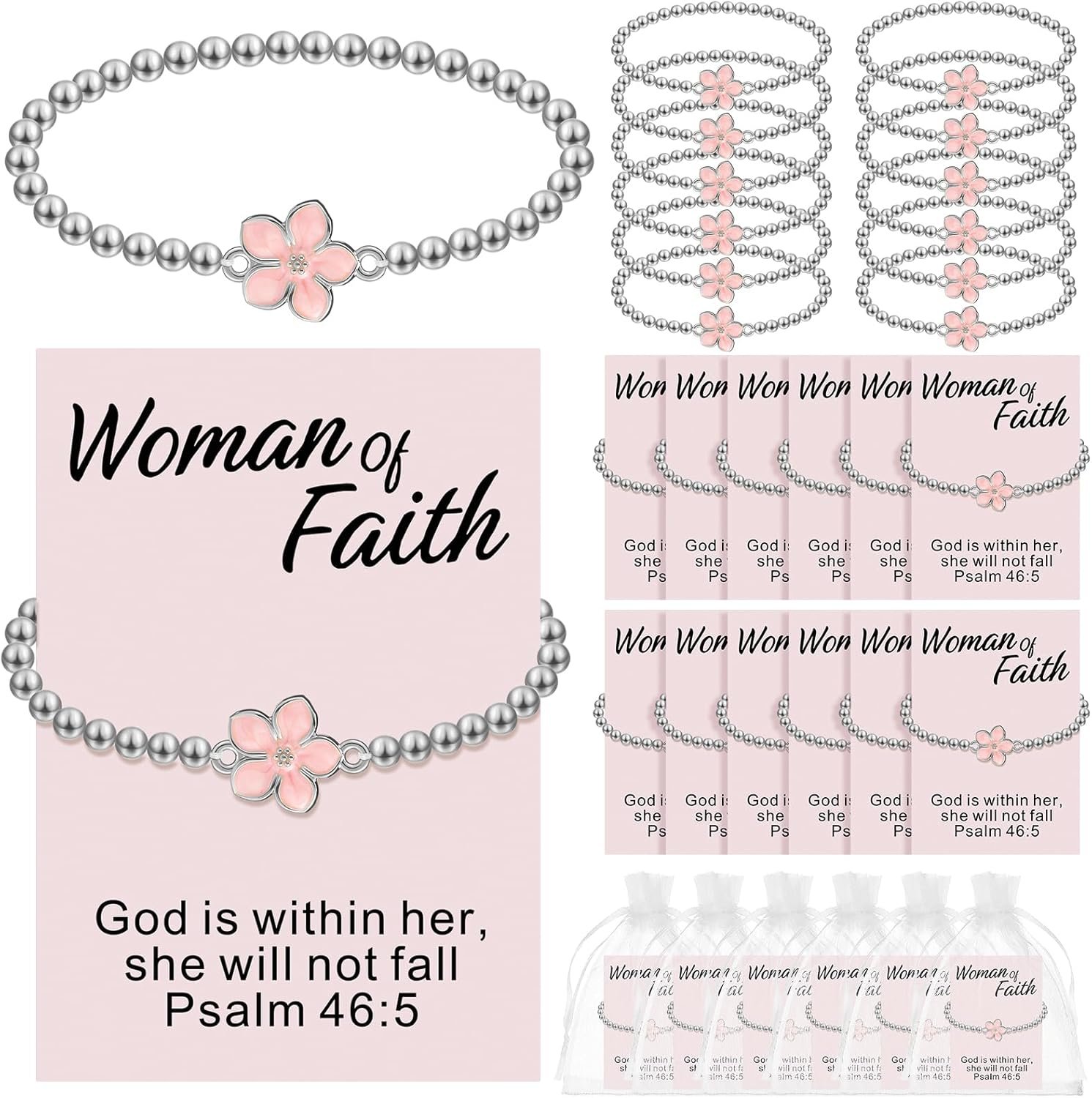 24 Set Happy Mothers Day Christian Gifts for Women Bulk Woman of Faith Bracelet with Bible Verse for Church Mothers Day Gifts God Is Within Her She Will Not Fall Gift