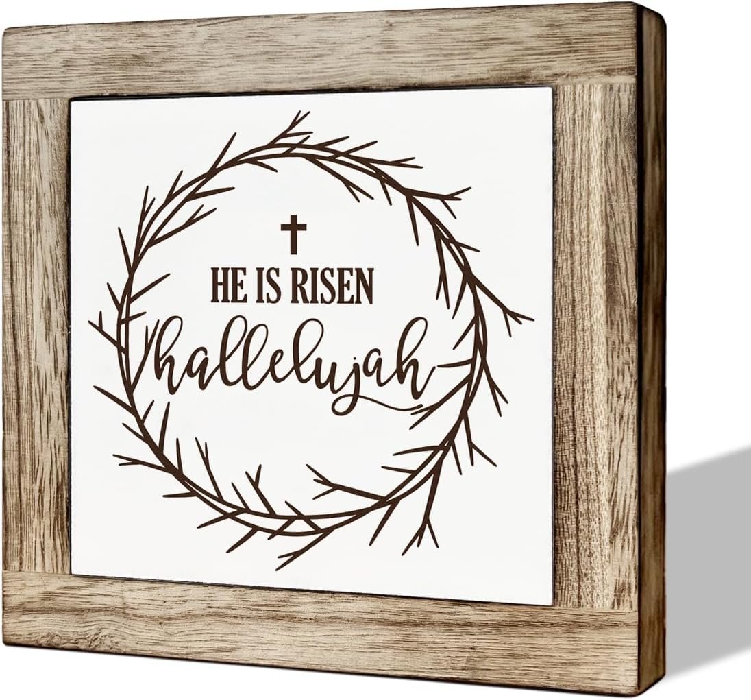 Inspirational Wood Sign, Wooden Box Signs for Home Decor, Easter Door Sign, Christian Wall Decor, Easter Decor, Farmhouse Decor, Religious Decorations for Home Living Room, He is Risen, Hallelujah