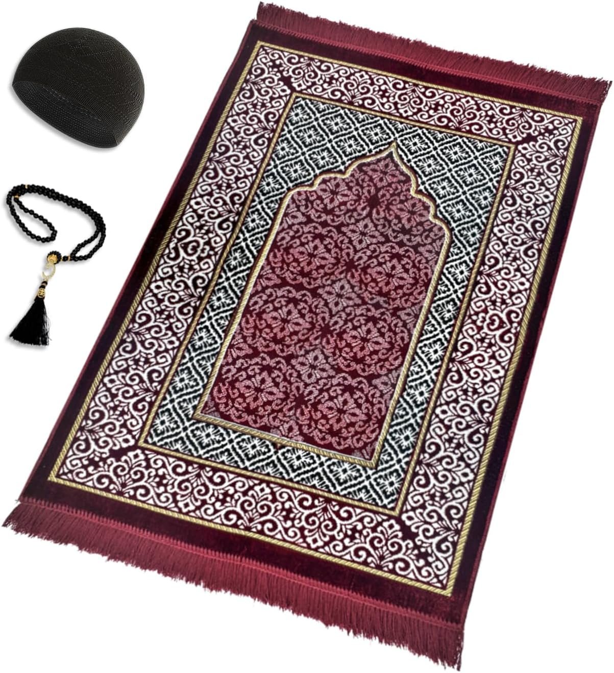 Velvet Islamic Prayer Rug Set (Thick Prayer Mat – 99 Tasbih Prayer Beads – Black Cotton Kufi Hat) Eid and Ramadan Gift for Muslims (Red)