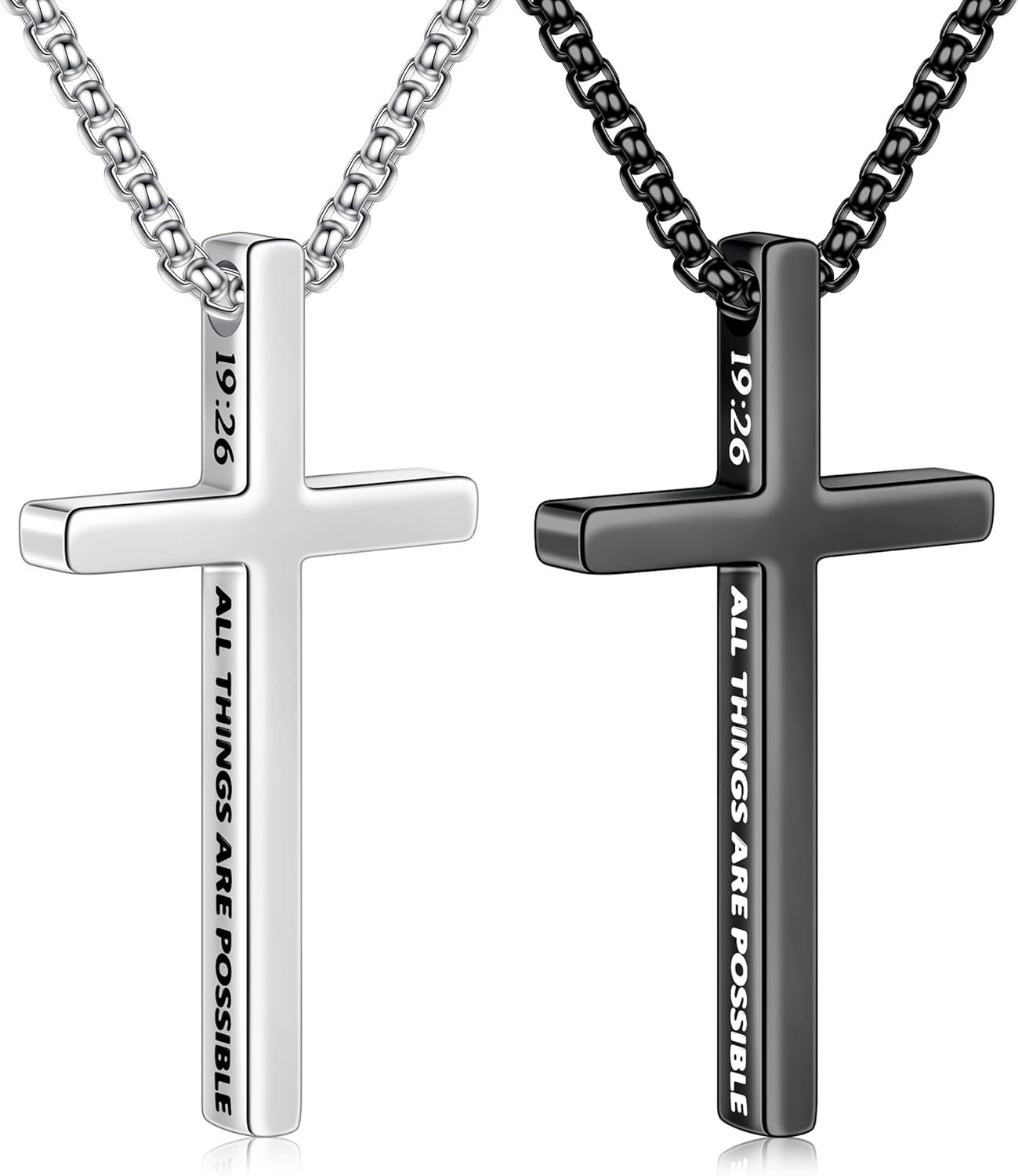 Ursteel 2 Pcs Black Silver Cross Necklace for Men – First Communion Gifts for Boys, Inspirational Bible Verse Cross Chain Stainless Steel Cross Pendant Christian Baptism Gifts, Box Chain 18-24 Inch