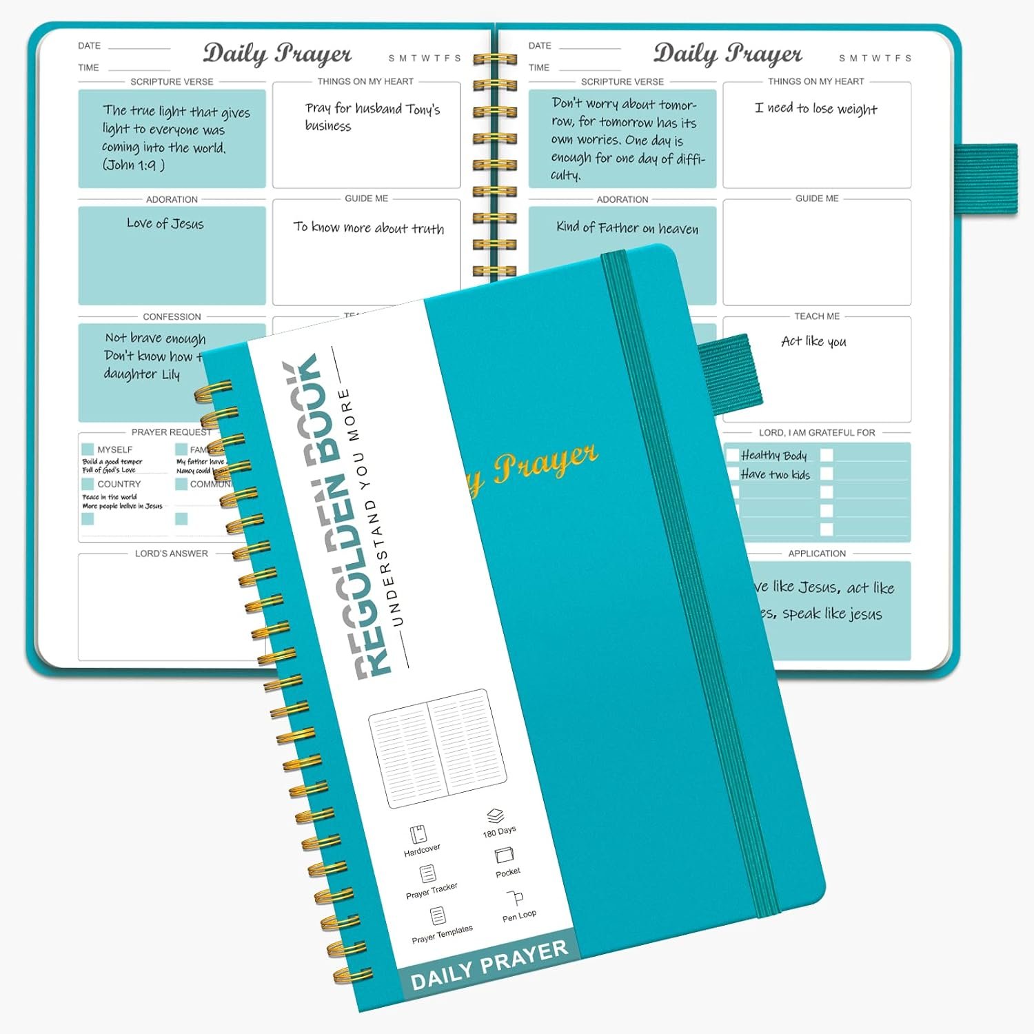 Regolden-Book Prayer Journal for Women, Daily Bible Journal, Devotional Journal, Verse Inspirational Writing Spiral Notebook for Christian Gifts, Lasts 6 Months (8.5×5.5”), Teal