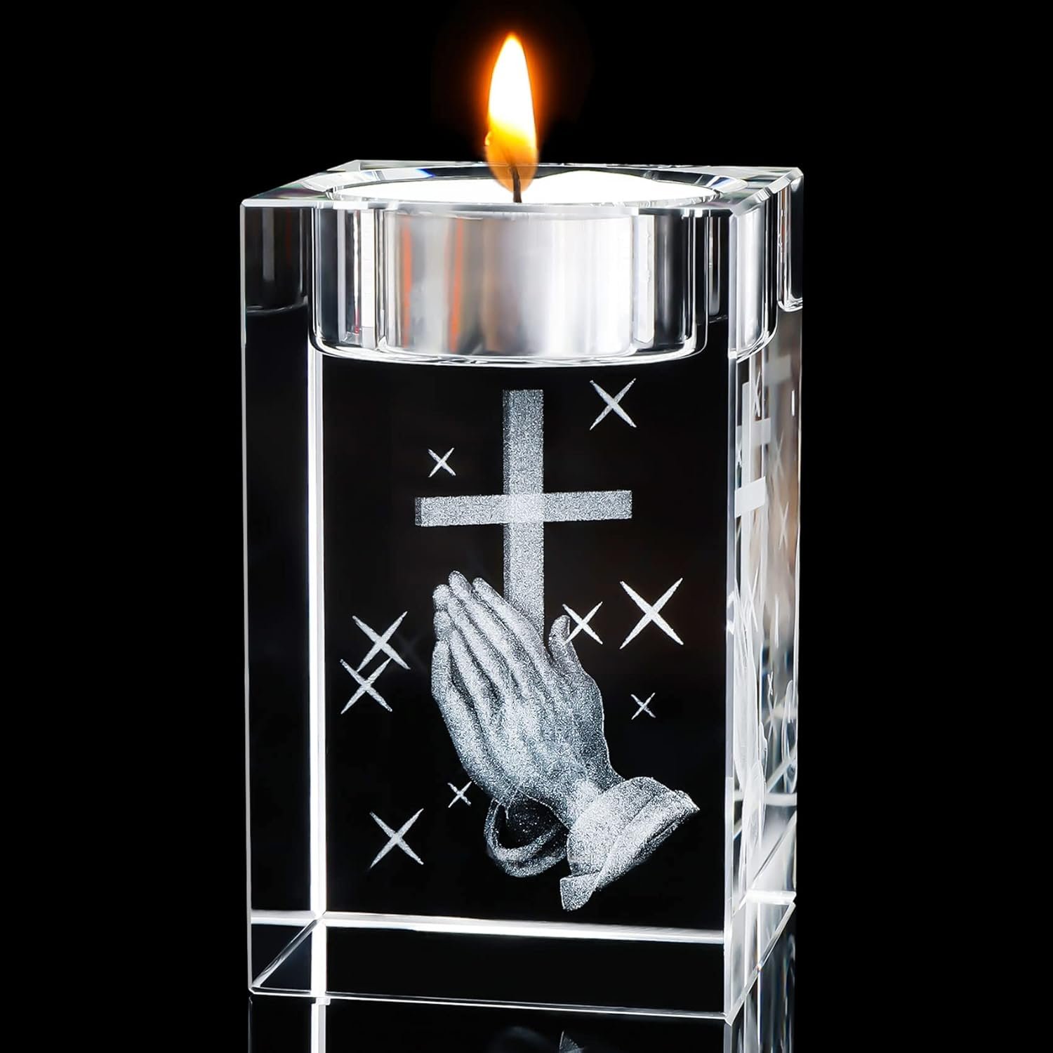 YWHL Cross Religious Crystal Votive Candle Holders, Religious Gifts for Women, 3D Praying Hands and Cross Glass Tealight Candle Holder for Table Centerpiece (Excluding Candles)