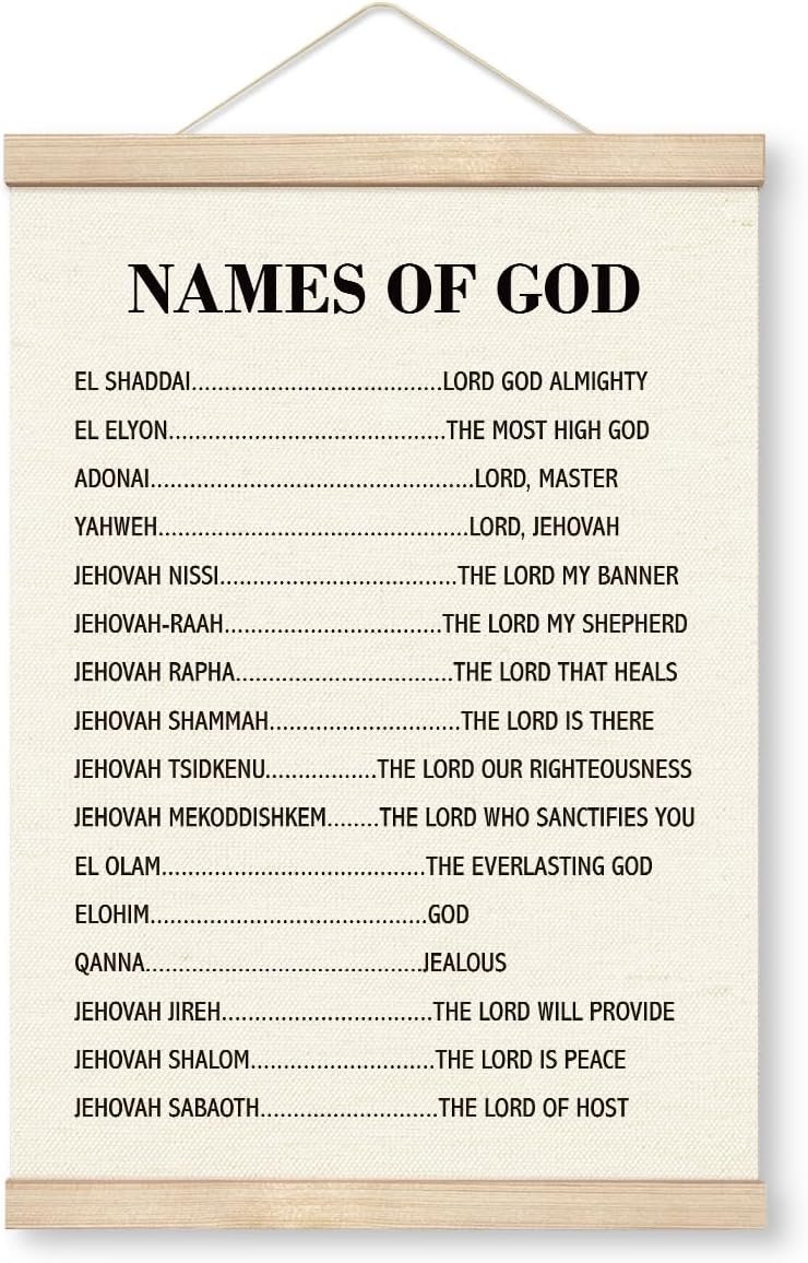Yxadu Christian Canvas Poster, Names of God Canvas Poster Wood Hanger, Wall Art for Home Church Decor, Religious Door Hanger, Christian Wall Art, Home Church Room Decor, Bible Verse Hanging Banner