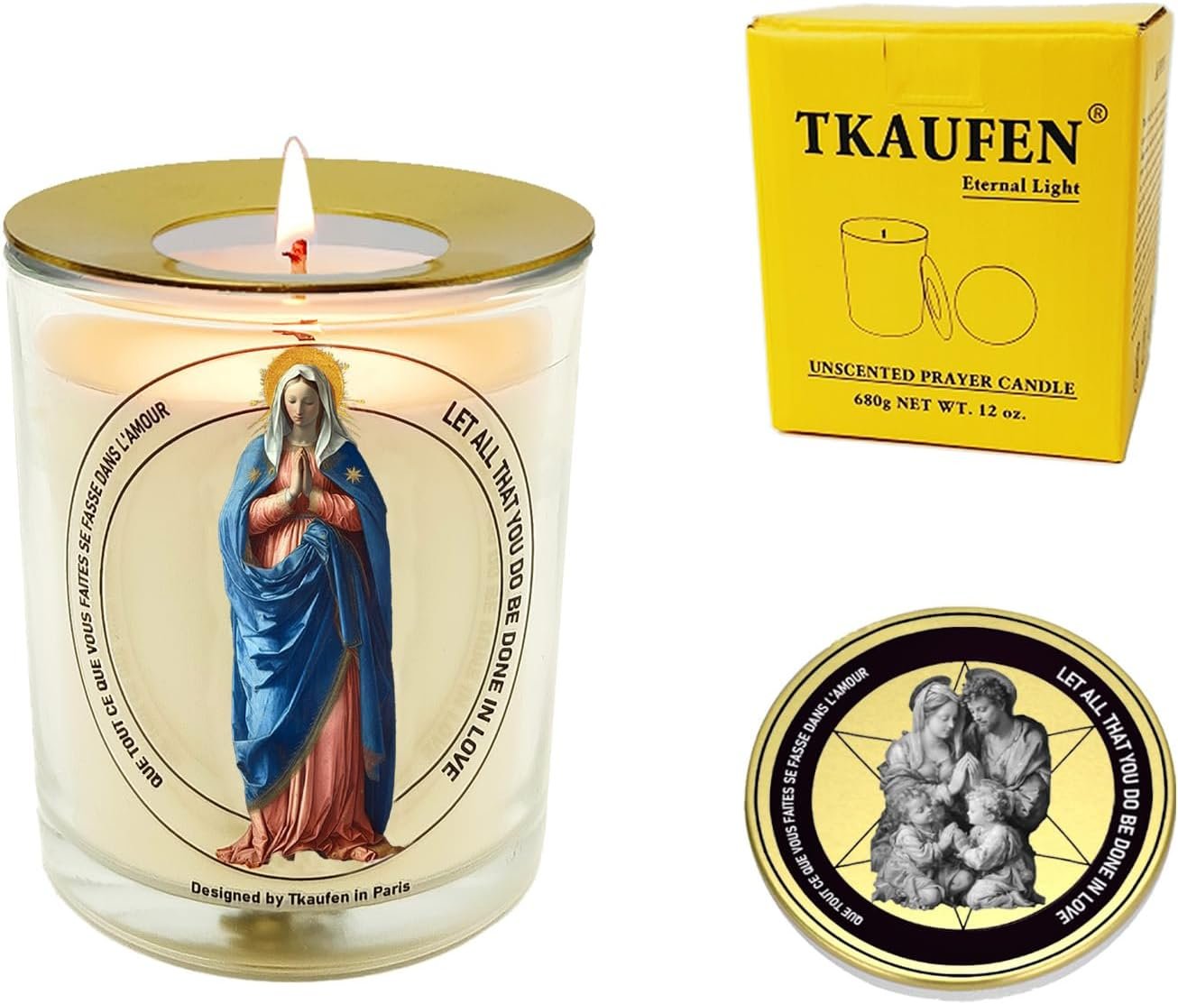 Mother Virgin Mary Candle 50 Hours with Warmer Ring│Natural Soy Wax│Catholic Ritual, Family Protection, Spiritual Guidance, Miraculous Blessing, Eternal Love, Grief Comfort│Design in Paris│3“×3.6”