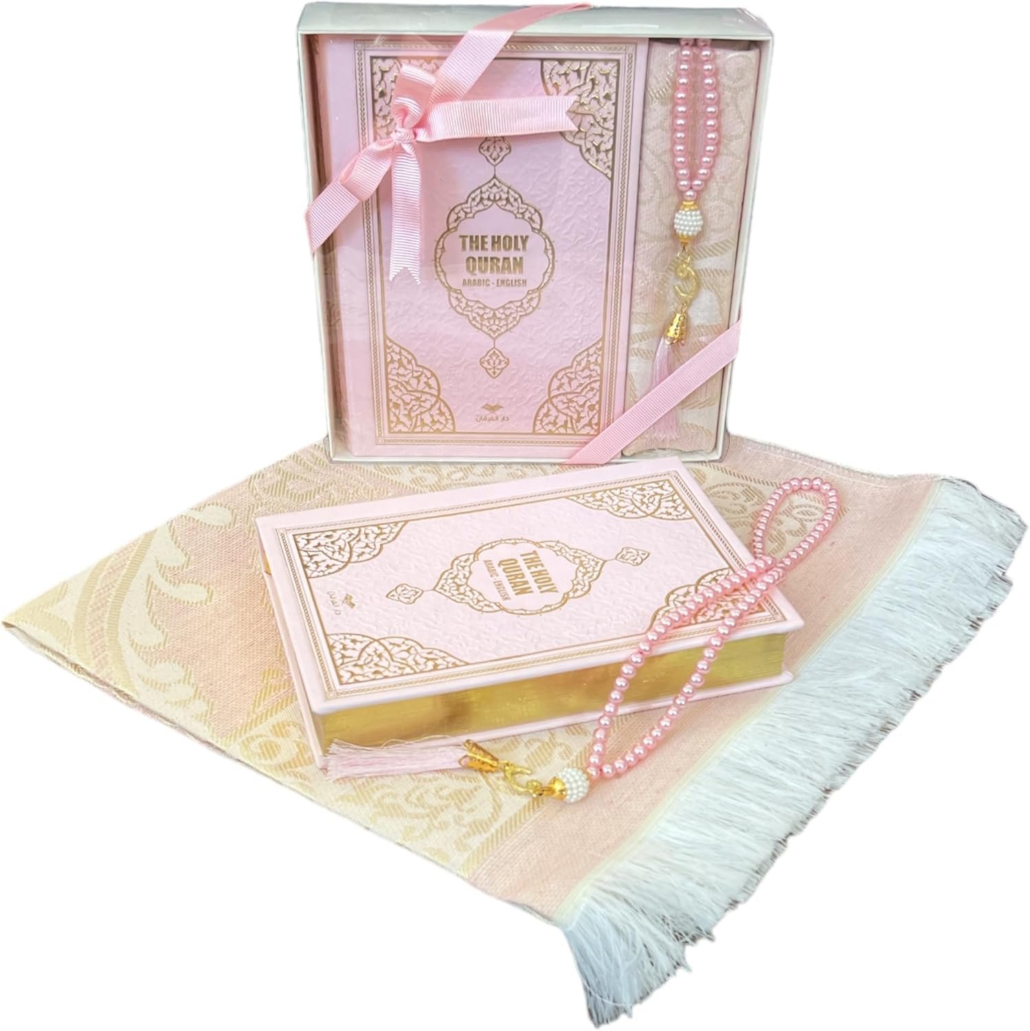 English Translate Thermo Leather Covered Quran, Tafta Prayer Mat and Beads Set |Quran Size:8×5.5×1.2 İnch/20x14x3cm | Muslim Prayer Mat | Great Ramadan Gifts for Muslim Men,Women (Pink, 1 Sets)