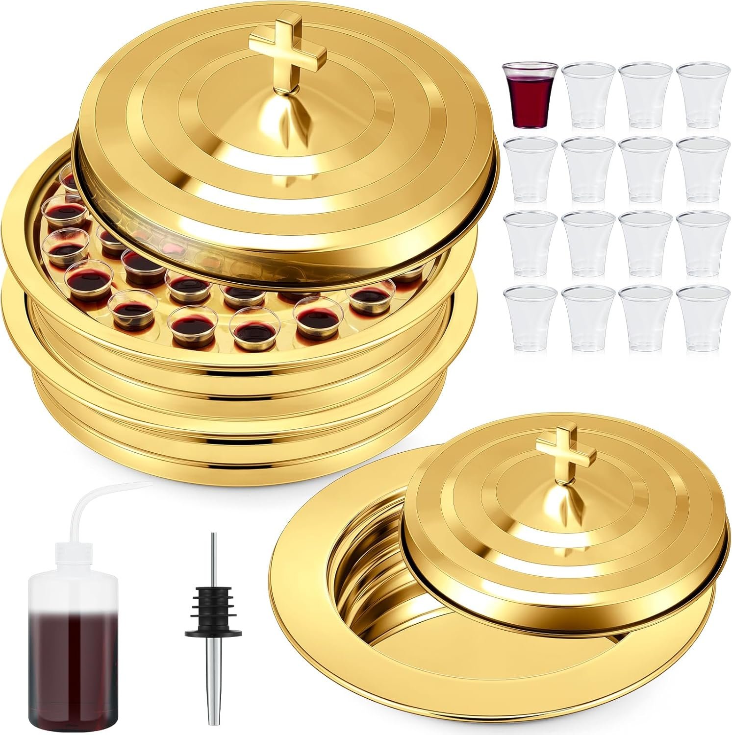 Zhehao 2 Pcs Communion Set Holy Trays for Churches with Lid Communion Plates with Lid Churches Cups Filler and Disposable Cups Supplies (Gold)