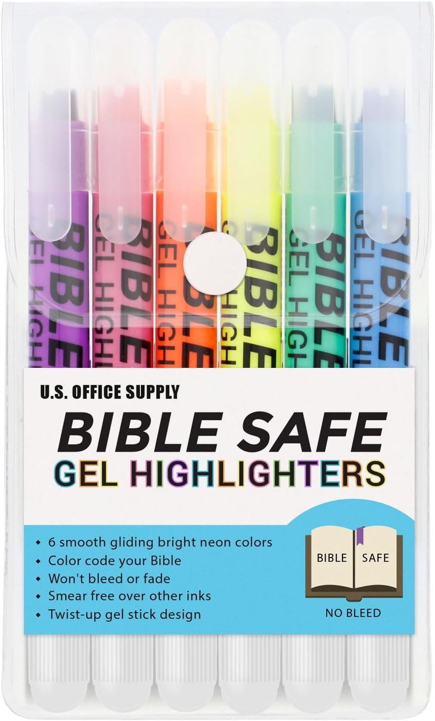 U.S. Office Supply Bible Safe Highlighter Set of 6 Bright Flouresent Colors, Dry Bible Highlighters No Bleed, Fade or Smear, Safe Gel Markers, Accessories, Study Guide