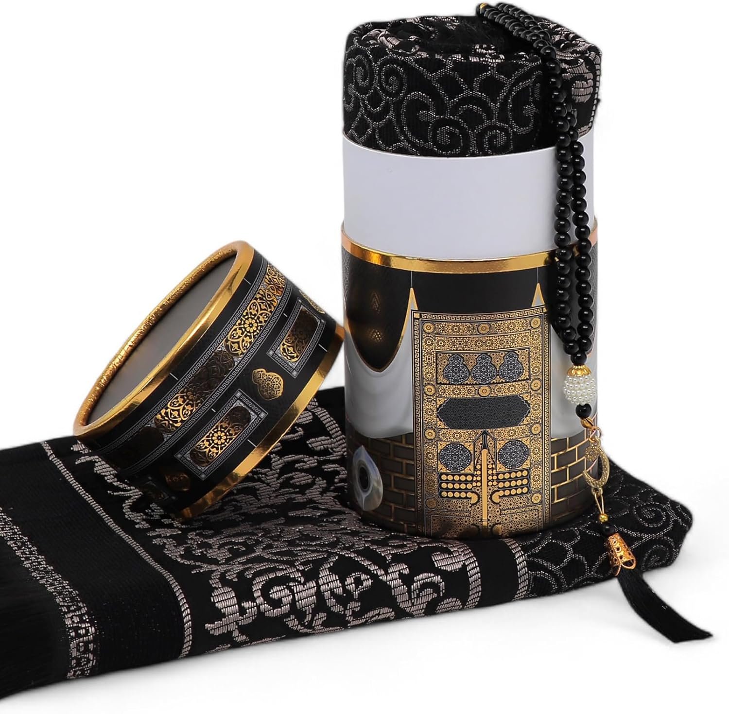 FURKAN Muslim Prayer Rug & Beads Set with Stylish Cylinder Gift Box Janamaz Sajadah Prayer Mat Perfect Islamic Spiritual Gift for Ramadan Islamic, Cylinder Gift Box – Model 2 – Black