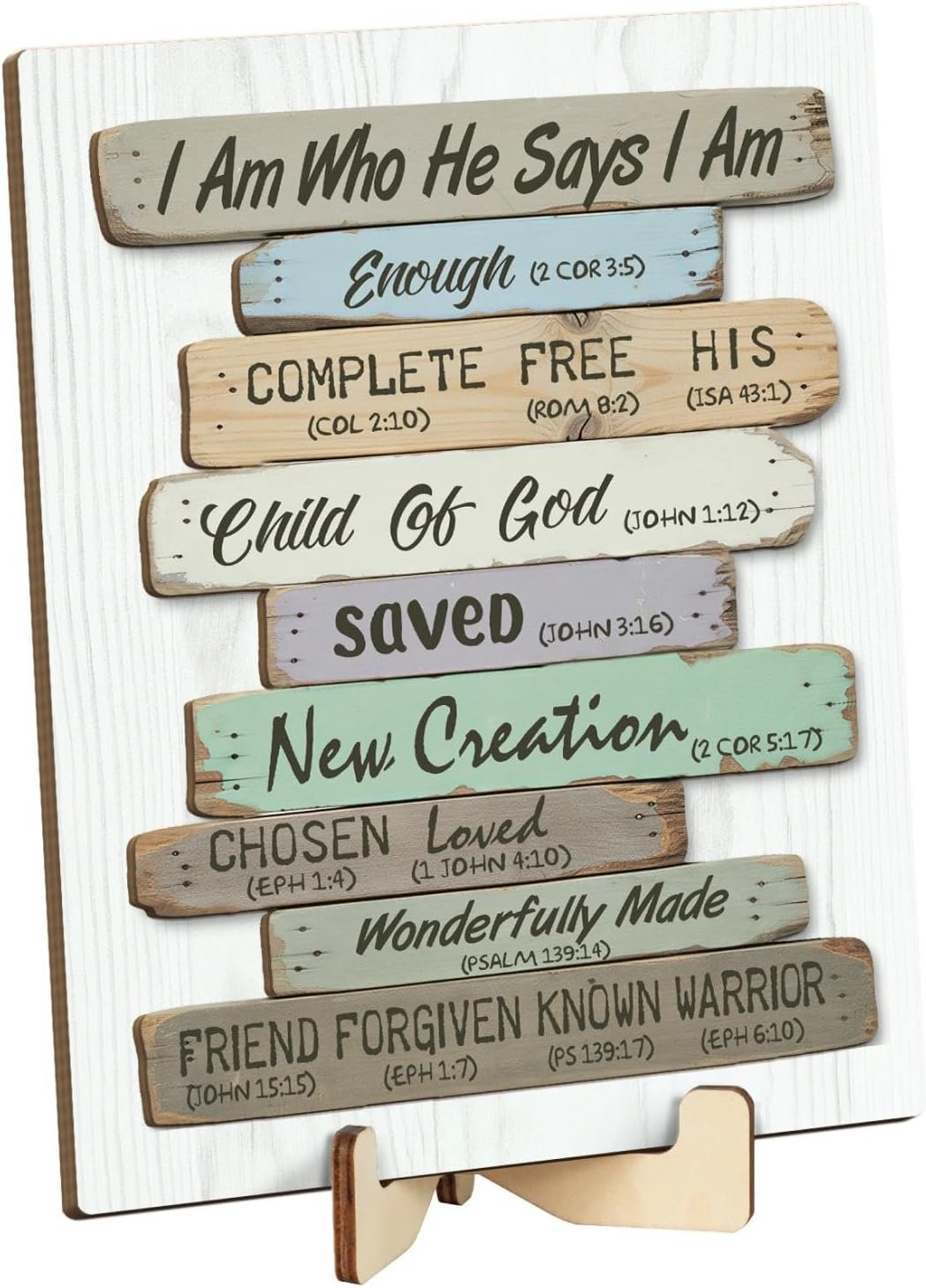Putuo Decor Bible Verse Religious Sign – I am Who He Says I am, 2 Layer Blessing Plaque with Wooden Stand for Entryway Table Decor, Rustic Christian House Display, Gift for Housewarming