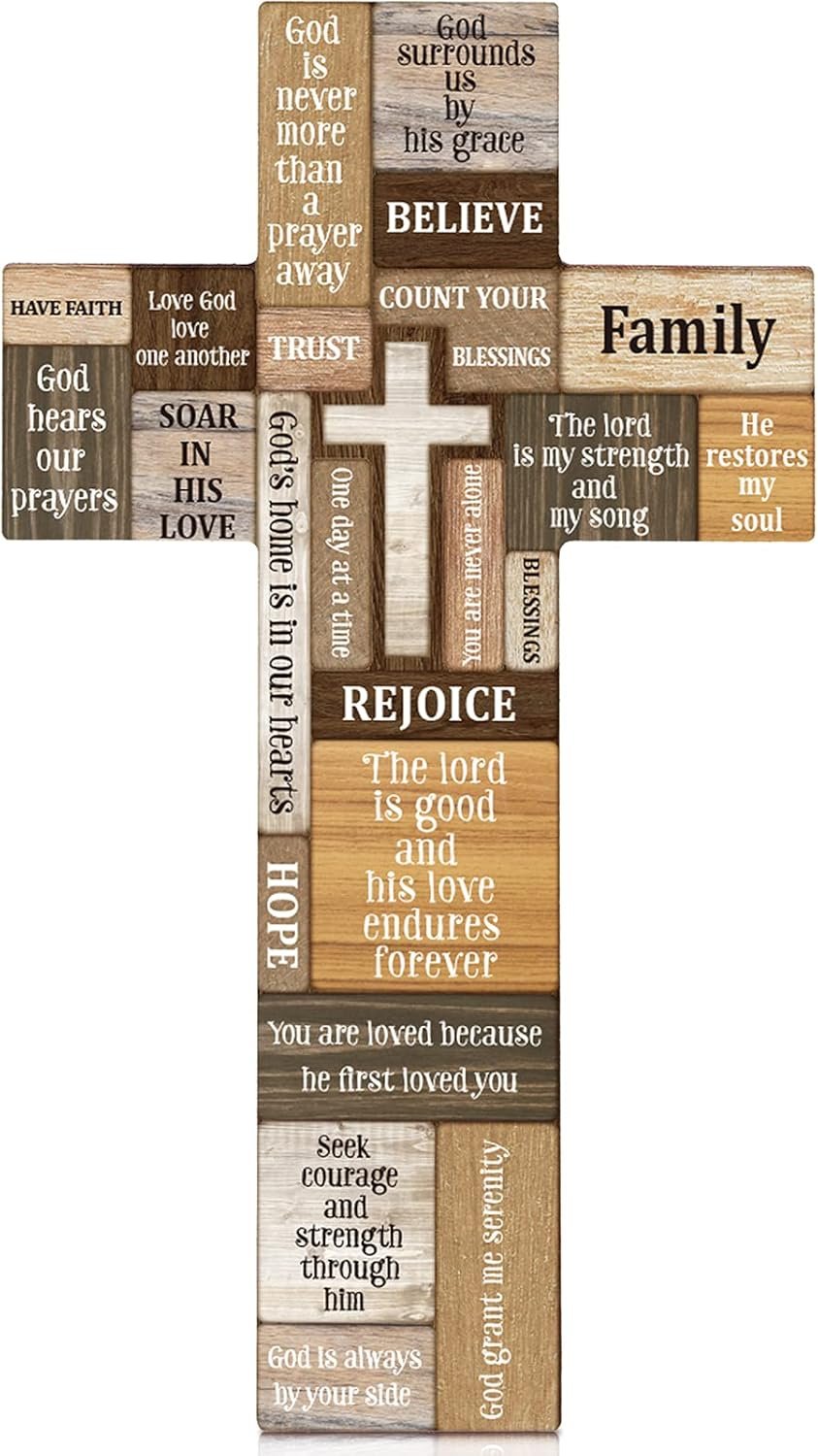 Jetec Cross Wall Decor Christian Wooden Cross Easter Religious Faith Biblical Verse Wall or Table Sign for Easter First Communion Gift Farmhouse Home Hanging Decoration(10.6 x 6.1 Inch)