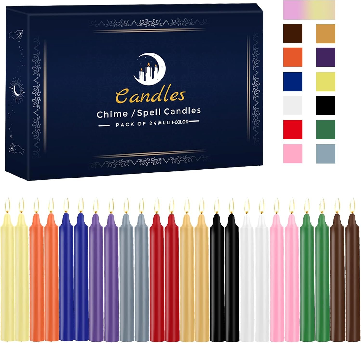 Kunrsug 24 Pack Assorted Color Spell Chime Candles – Premium Mini Unscented Taper Candles for Rituals, Prayer, Birthdays, Meditation, Altar, Spells, Chime Candles – 4 Inch Tall – Ideal for Witches