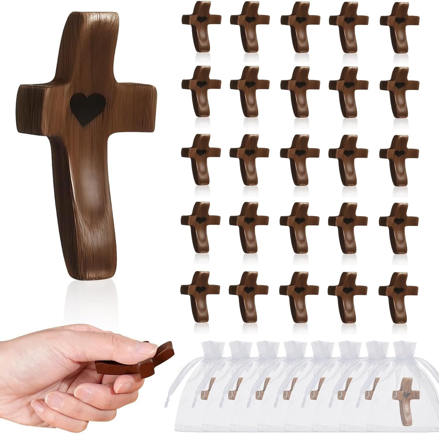Brevynx Handmade 25Pcs Pocket Wooden Cross Fidget in bulk with Organza Bags – Stress Relief Cross My Heart for Christian, Religious Easter Day Gifts