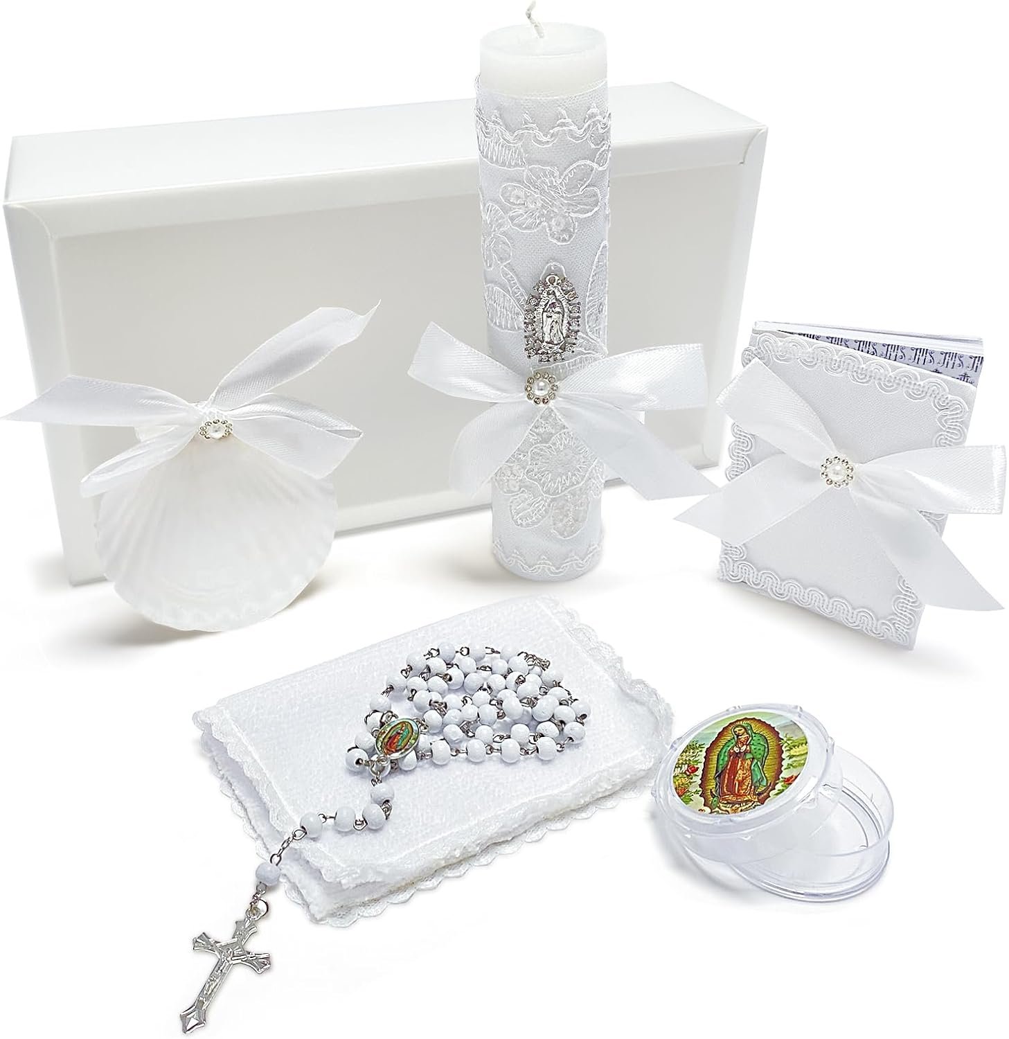 Baptism Candle Set for Boys Girls,White 5 PCS Baptism Kit Catholic Candle,Baptismal Towel,Baptismal Shell,Rosary andBible for Baby Dedication Christening Gift,Velas para Bautizo Niño