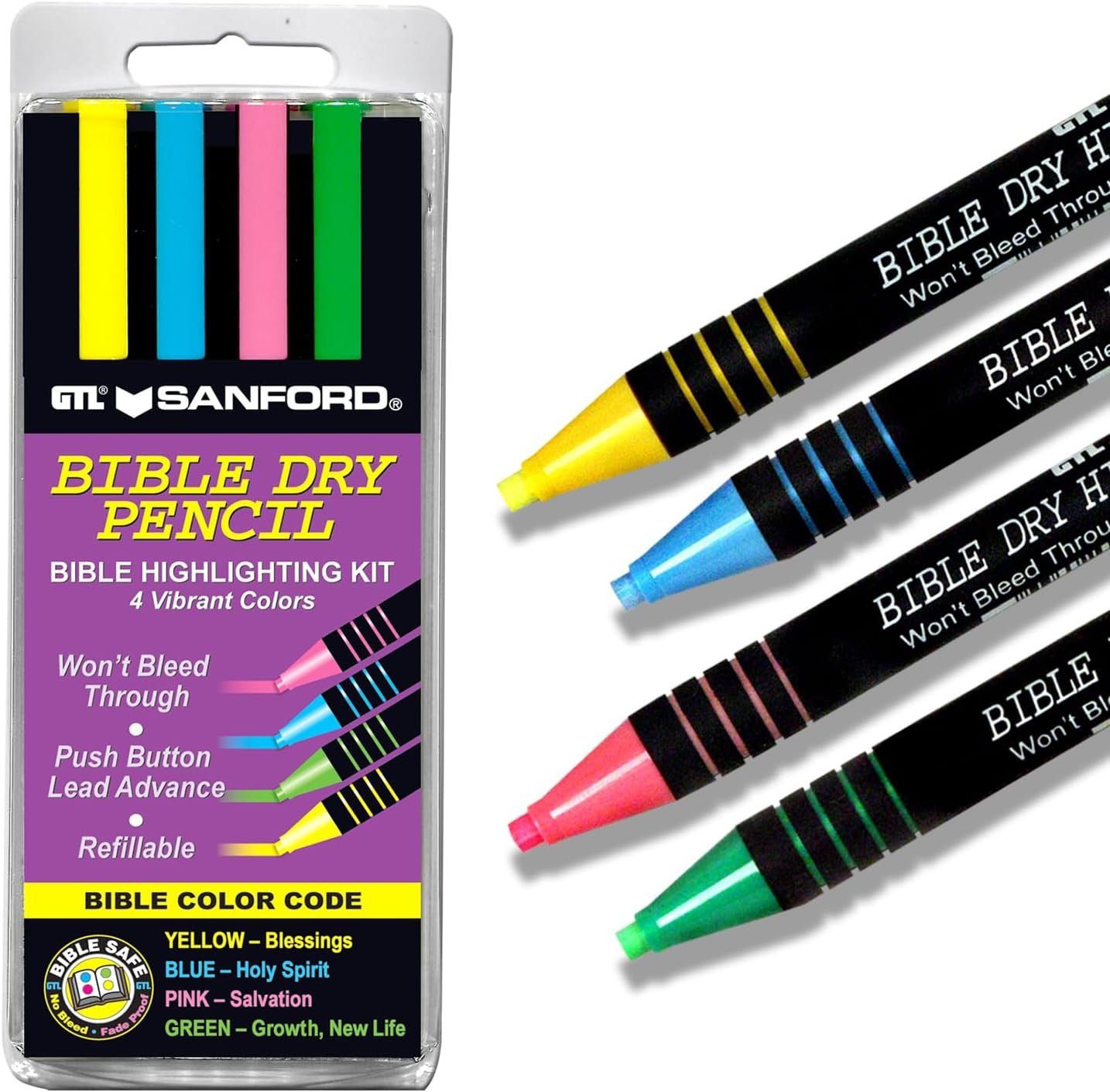 G.T. Luscombe Company, Inc. Bible Dry Highlighting Kit | No Bleed Eco-Friendly Refillable Dry Highlighters | No Sharpening | No Smearing or Fading | Yellow, Blue, Pink, Green (Set of 4)