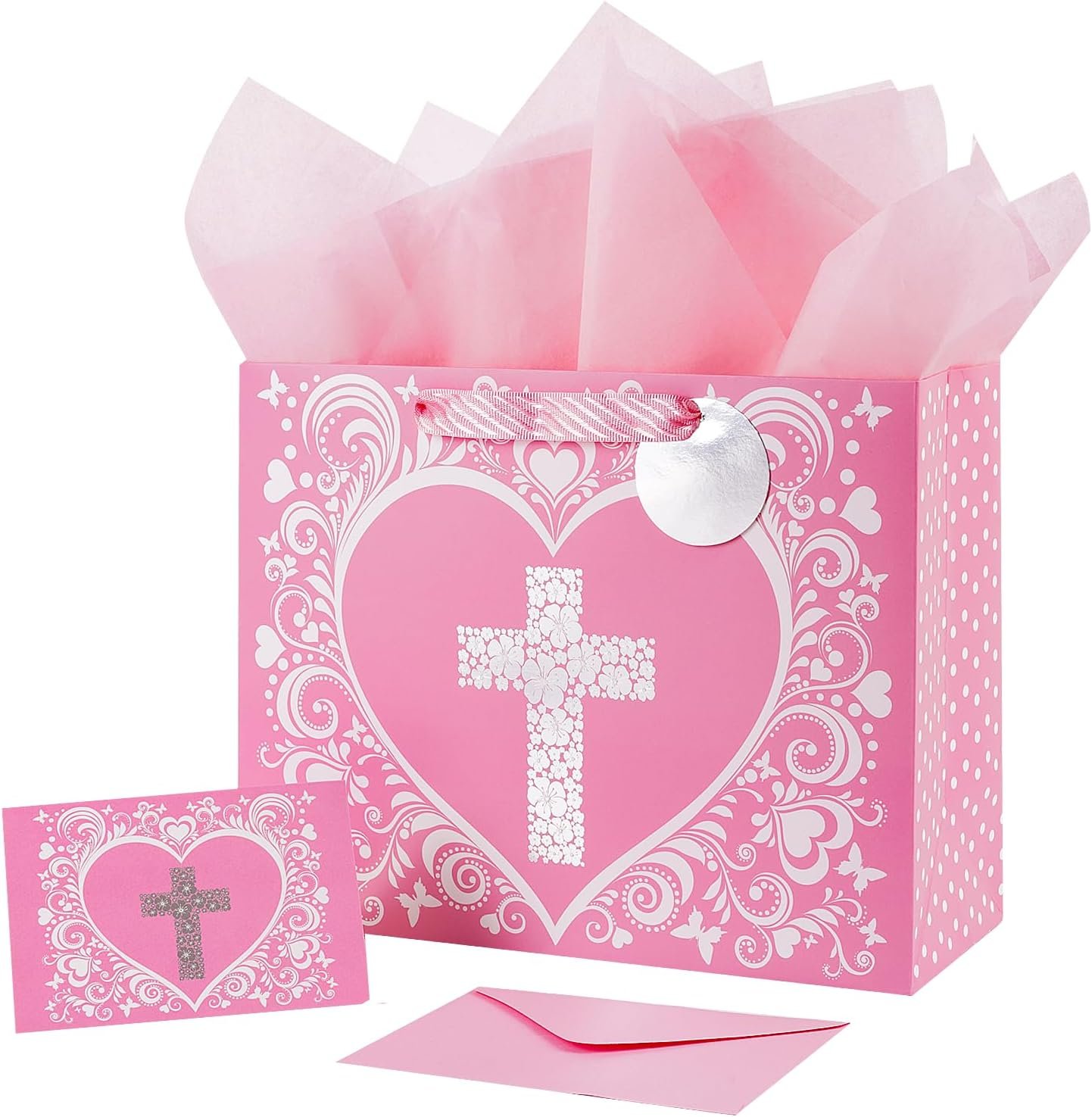 JWSCYSY 12.6″ Large Pink Gift Bag with Metallic Silver Floral Cross Design, Card and Tissue Paper for Baby Girl Baptisms, Christenings, First Communions Religious