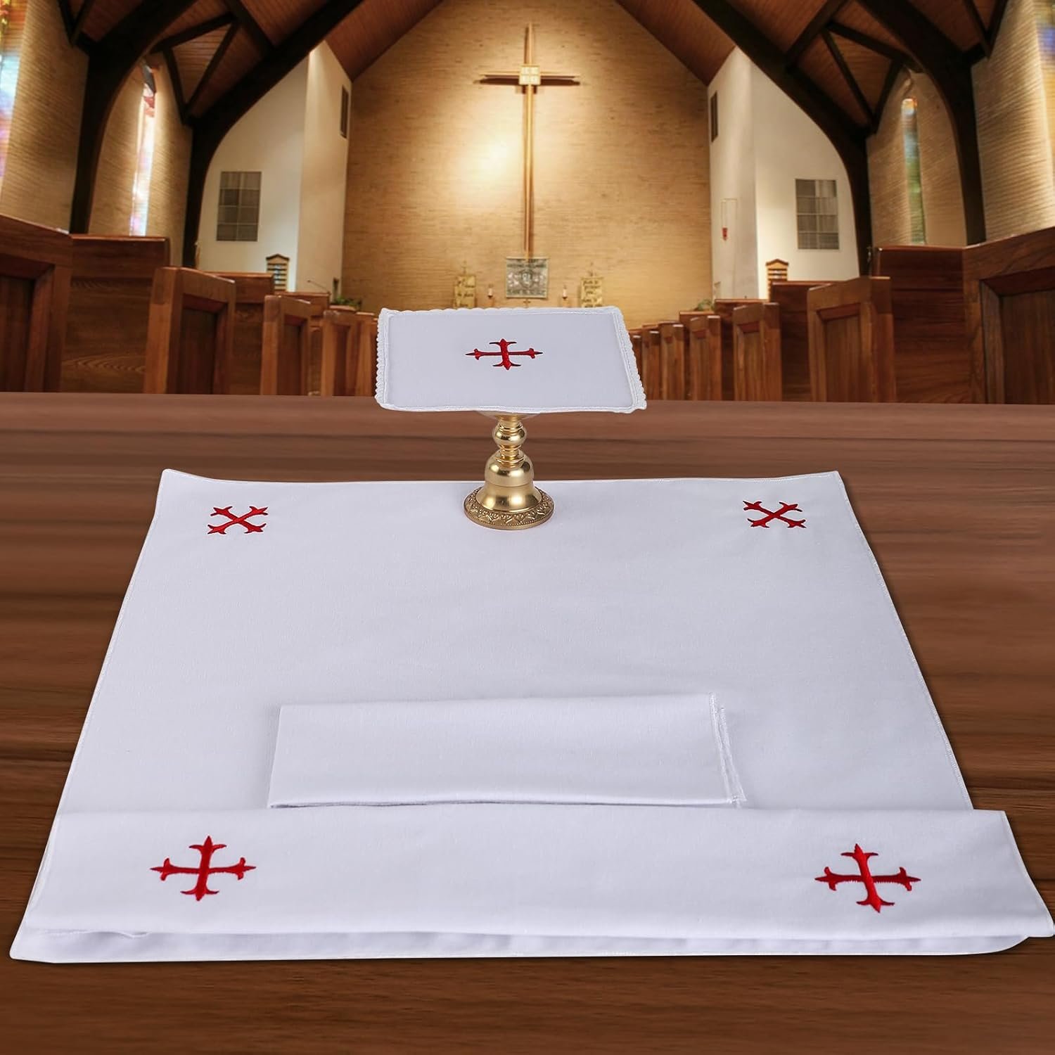 4 Pack Altar Supplies Linen Corporal for Churches Set(Pall,Corporal,Purificator,Towel),White Linen Altar Cloth Red Cross Embroidery,Mass Kit Catholic for Priest