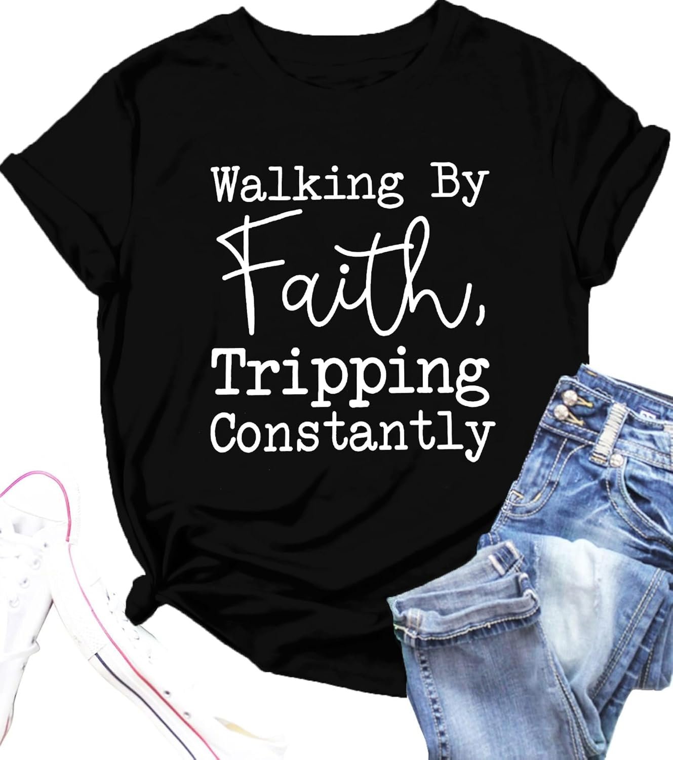 QLIPIN Christian T-Shirts for Women Walking by Faith Tripping Constantly T-Shirt Humorous Faith Shirt Funny Religious Tees
