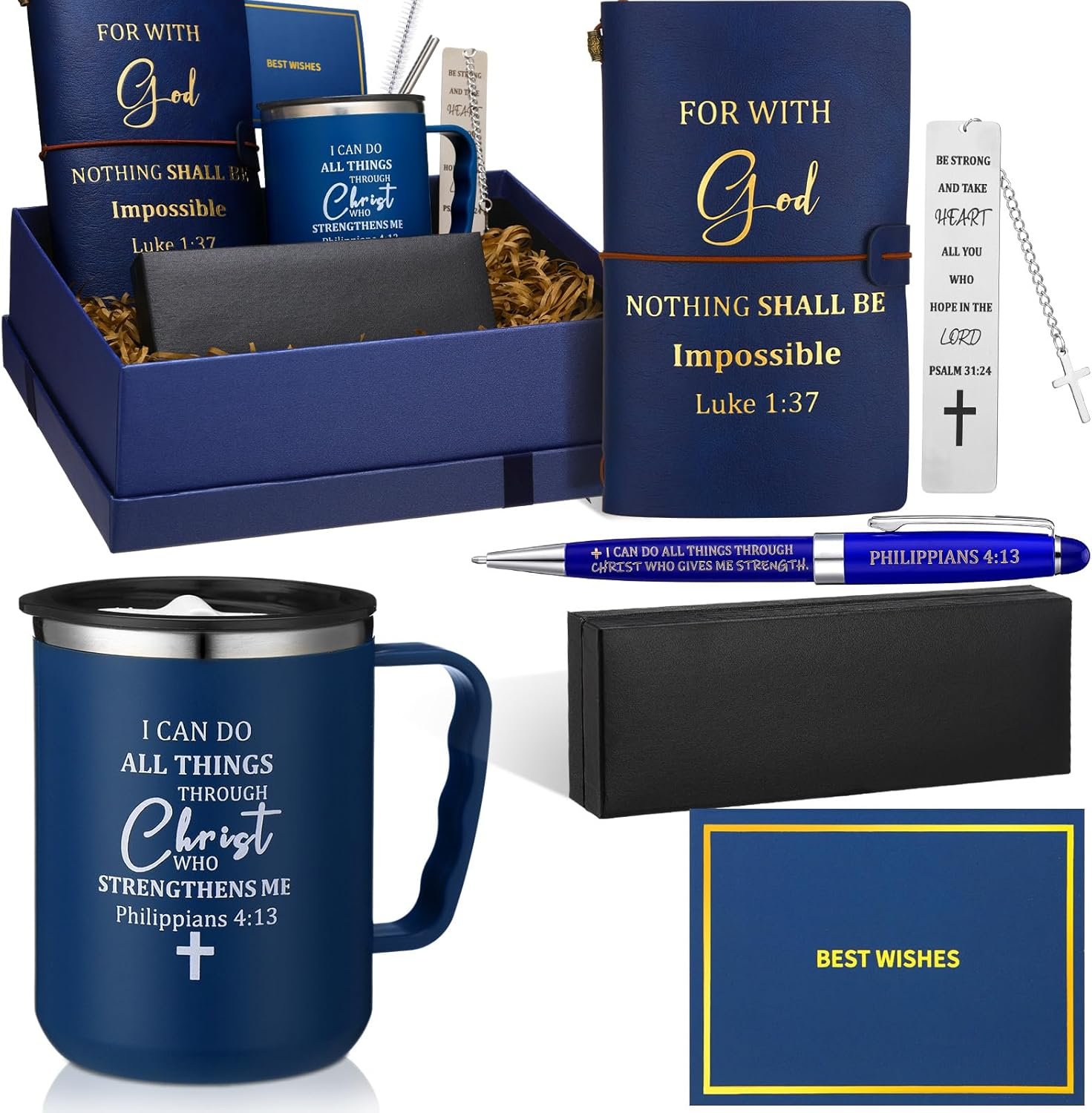 Shellwei 6 Pcs Christian Gift for Men 17 oz Christian Coffee Mugs Leather Bible Notebook Religious Pen Metal Bookmark Greeting Card Box Present for Dad Husband Grandpa(Blue)
