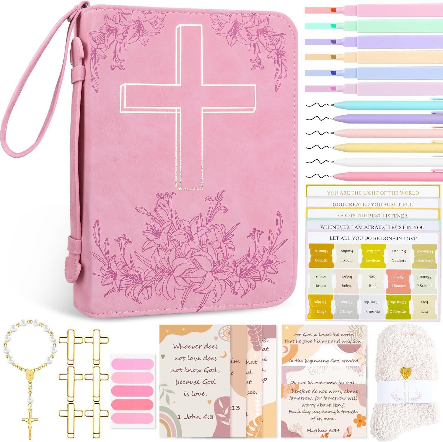 MOVINPE Bible Cover Case Gift Set for Women Girls Mom, Large Pink Bible Bag with Bible Tabs, Highlighters, Gel Pens, Bookmarks, Rosary, Gold Cross Paper Clips & Fuzzy Socks – Easter Christian Gift