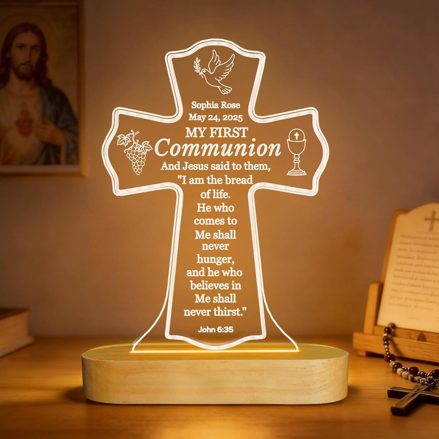 Attivolife First Communion Gift for Girls Boys, LED Night Light with Wooden Base, Jesus Bible Verse Night Light I am the Bread of Life, Religious Gifts for Kid Catholic Christian Baptism Table Decor