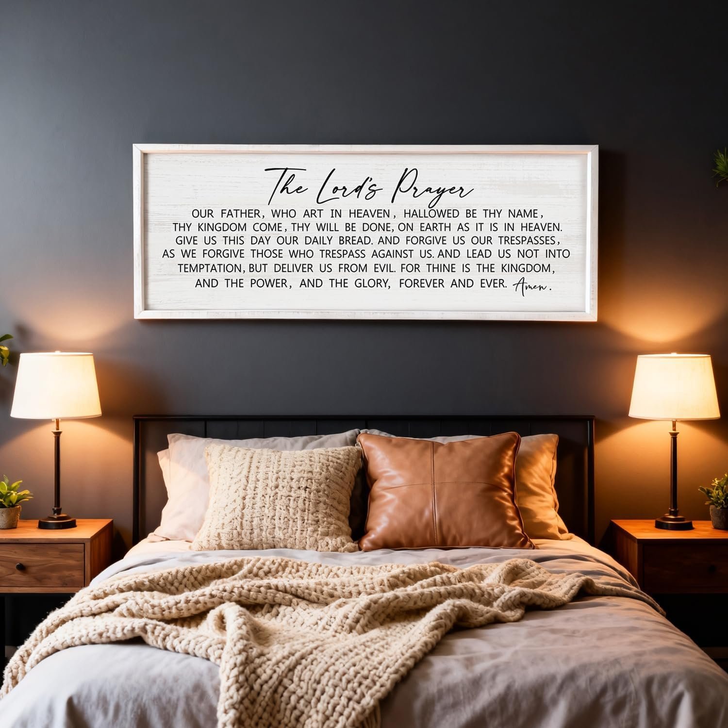 Our Father Prayer Bible Verse Framed Wall Art, 40”×15” White Horizontal Religious Christian Lords Prayer Sign for God Jesus Christ Prayer, Rustic Holy Inspirational Catholic Scripture Decor