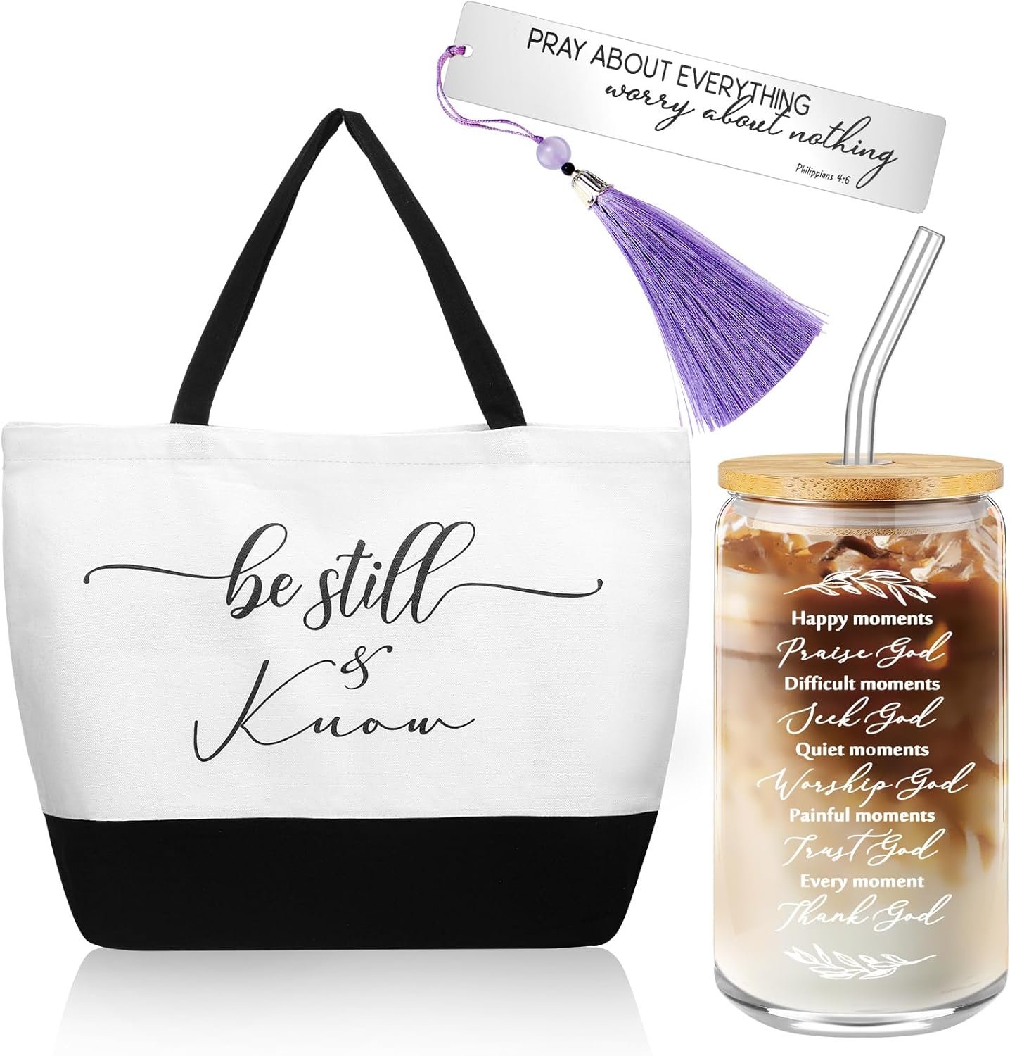 Hosuly 3 Pcs Mothers Day Christian Gifts for Women Set, Bible Verse Tote Bag, 16 oz Religious Glass Cup with Bookmark, Inspirational Faith Based Gift for Mom Sister Friend Birthday Church Gift